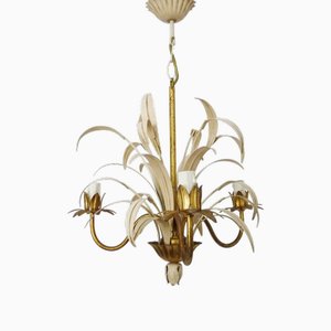 Vintage 3-Light Palm Leaf Chandelier in White and Gilt Metal, 1970s