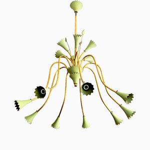 Italian 15-Light Chandelier in Aquamarine and Brass, 1950s