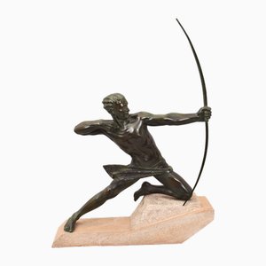 Maxi Le Verrier, Art Deco Warrior or Archer, 1920s, Antimony with Stone Base