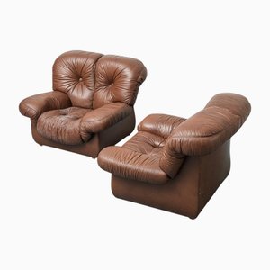 Brown Leather Club Chairs, 1970s, Set of 2