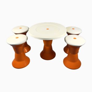 Italian-Style Space Age Stools and Table Set in Orange and White Plastic, 1970s, Set of 5