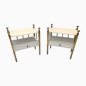 Brass and White Lacquered Nightstands with Marble Tops, Italy, Set of 2
