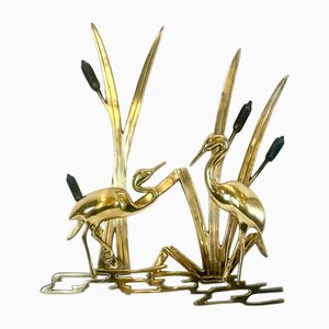 Scultura da parete Mid-Century moderna in ottone con uccelli della gru e canne, anni '60
