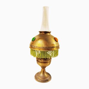 Lámpara de aceite victoriana de bronce con piedras y cuentas