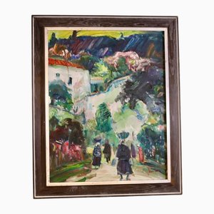 Eric Lo Ohlqvist, Southern Village, 1960s, Huile sur Toile, Encadrée