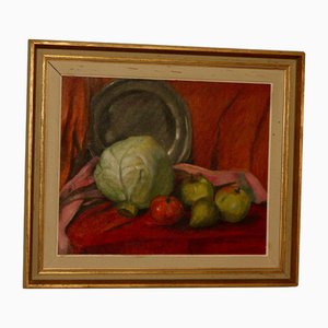 S. Jonsson, Bodegón con repollo y fruta, años 70, óleo sobre tabla, enmarcado