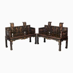 Chinese Black Lacquer Gilt and Polychrome Painted Bench Seats, 1920s, Set of 2