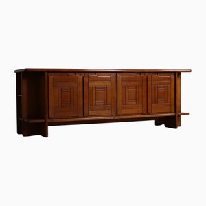 Italian Brutalist Walnut Sideboard with Graphical Doors, 1970s