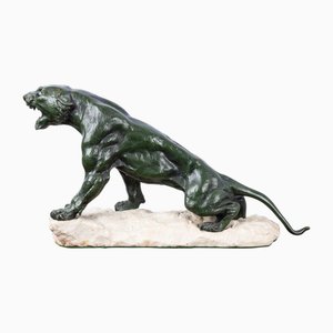 Eugene Cartier, Französischer Art Deco Jaguar, 20. Jh., Bronze auf Steinsockel