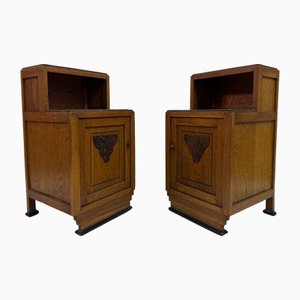 Vintage Oak Bedside Tables with Carved Panels, 1920s, Set of 2