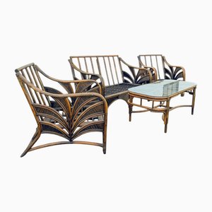Rattan Reed Bamboo Sofa with Chairs and Table, 1970s, Set of 4