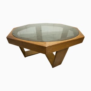 Hexagonal Table in Oak and Smoked Glass, 1970s