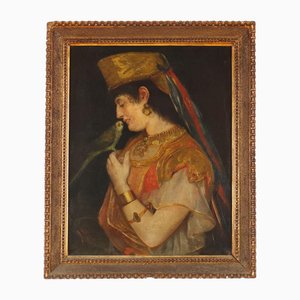 Young Man with Parrot, Oil on Canvas, 19th Century, Framed