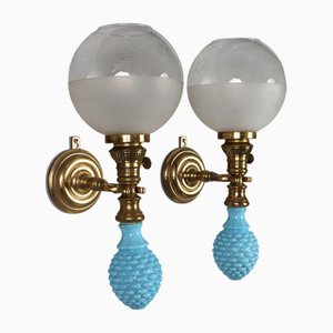 Lampada da parete antica in bronzo dorato e vetro ceramico