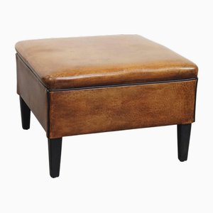 Square Sheepskin Ottoman with Black Piping