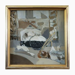 Tejados nevados, pintura al óleo, enmarcado