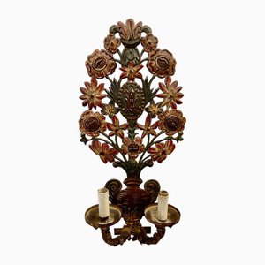 Applique Murale Fleurs Antique en Métal Peint et Doré, 1950s