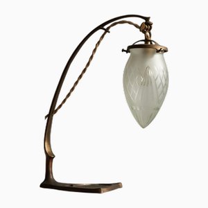 Lampe de Bureau Art Nouveau en Laiton Moulé au Sable et Verre Gravé, 1920s