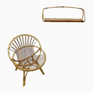 Rattan Children's Chair and Bookshelf, 1960s, Set of 2