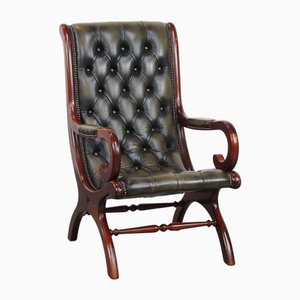 English Green Cowhide and Wood Chesterfield Armchair