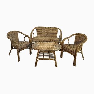 Sofa and Armchairs in Wicker with Coffee Table, 1960s, Set of 4