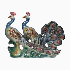 Italian Hand-Painted Ceramic Sculpture with Two Peacocks, 1960s