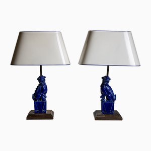 Table Lamps with Blue-Glazed Fu Dogs, Set of 2