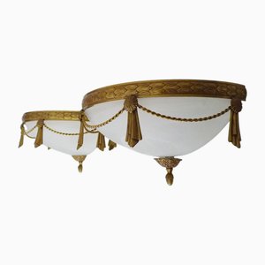 Half-Moon Wall Lights in Brass and Glass, 1980s, Set of 2