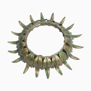 Miroir Soleil Vintage en Métal Doré avec Détails Verts