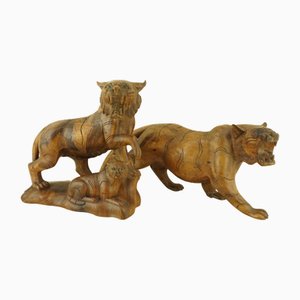 Italian Artist, Large Art Deco Maternity with Tigers Sculptures, Early 1900s, Cherry Wood, Set of 2