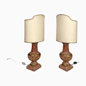 Postmodern Italian Table Lamps in Red and Golden Wood with Fabric Lampshades, 1980s, Set of 2