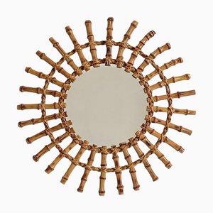 Espejo en forma de sol Mid-Century de bambú y ratán Riviera, Francia, años 50