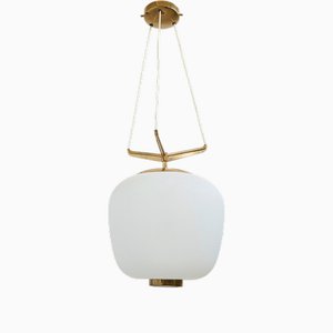 Opaline Glass and Brass Chandelier from Stilnovo, Italy, 1950s