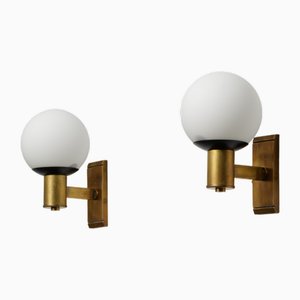 Italian Wall Lamps in Brass and Opaline Glass, 1950s, Set of 2