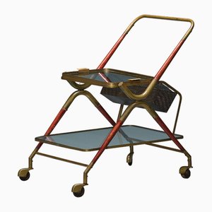 Vintage Italian Bar Cart in Brass and Lacquered Wood by Cesare Lacca, 1950s