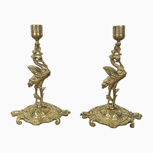 Art Deco Style Heron Candlesticks in Gilded Brass, 1950s, Set of 2
