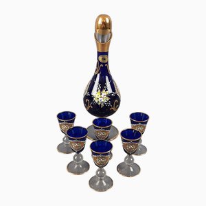 Blue I Tre Fuochi Murano Glass and 24 Karat Gold Liqueur Set, 1970s, Set of 7