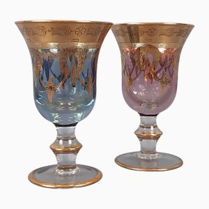 Blue and Pink Murano Glass and 24 Karat Gold His and Hers Goblets, 1970s, Set of 2