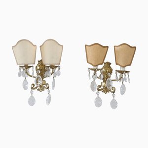 Sconces in Gilded Bronze and Crystal, 1980s, Set of 2