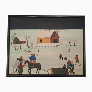 Henry Dieckmann, Naive Northern German Winter Landscape, 1969, Oil on Wood, Framed