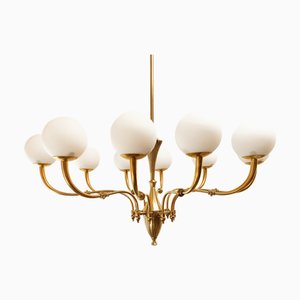 Lustre Ovale en Laiton avec 10 Lumières et Sphères