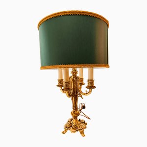 Antique Four-Light Bronze Lamp with Lampshade