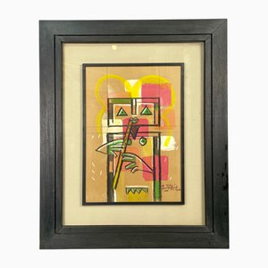 Ibrahim Kodra, Italian Postmodern Figure, 1980s, Painting on Cardboard, Framed