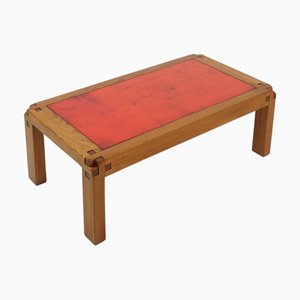 Model T18 Coffee Table in Elm and Enameled Lava Stone by Pierre Chapo, 1970s