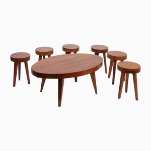 French Modernist Coffee Table and Stools by Charlotte Perriand, 1950s, Set of 7