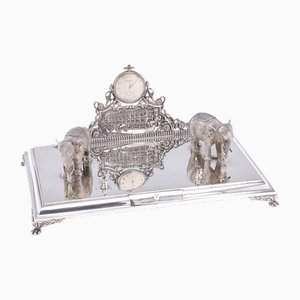Antique Indian Silver Inkwell and Pocket Watch Desk Set from Hamilton & Co, 1908, Set of 4