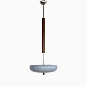 Italian Art Deco Wood Pendant Light with Sky-Blue Glass Shade, 1930s
