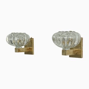 Italian Art Deco Style Murano Glass and Brass Wall Sconces, 1990s, Set of 2