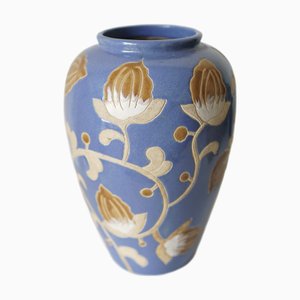 Glazed Stoneware Vase with Floral Relief in the style of Keramis, 1970s