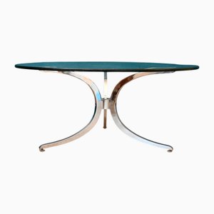 Mesa de comedor redonda de vidrio y metal cromado, años 70